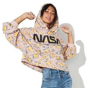 NASA Graphic Pink Floral Oversized Crop Hoodie Size XS Extra Small